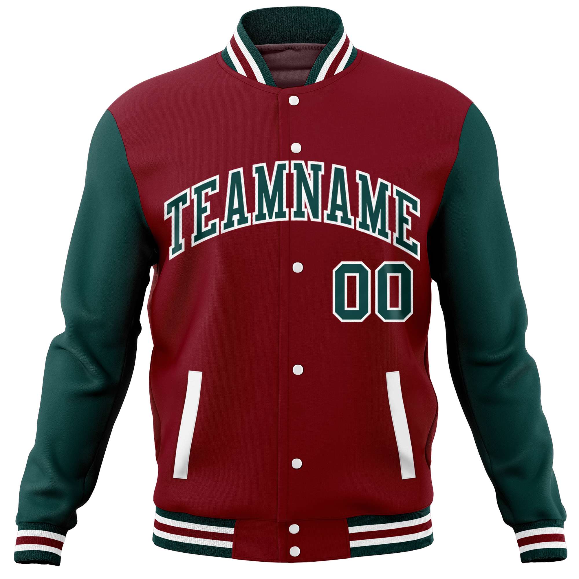 Custom Crimson Midnight Green Varsity Full-Snap Raglan Sleeves Letterman Baseball Jacket