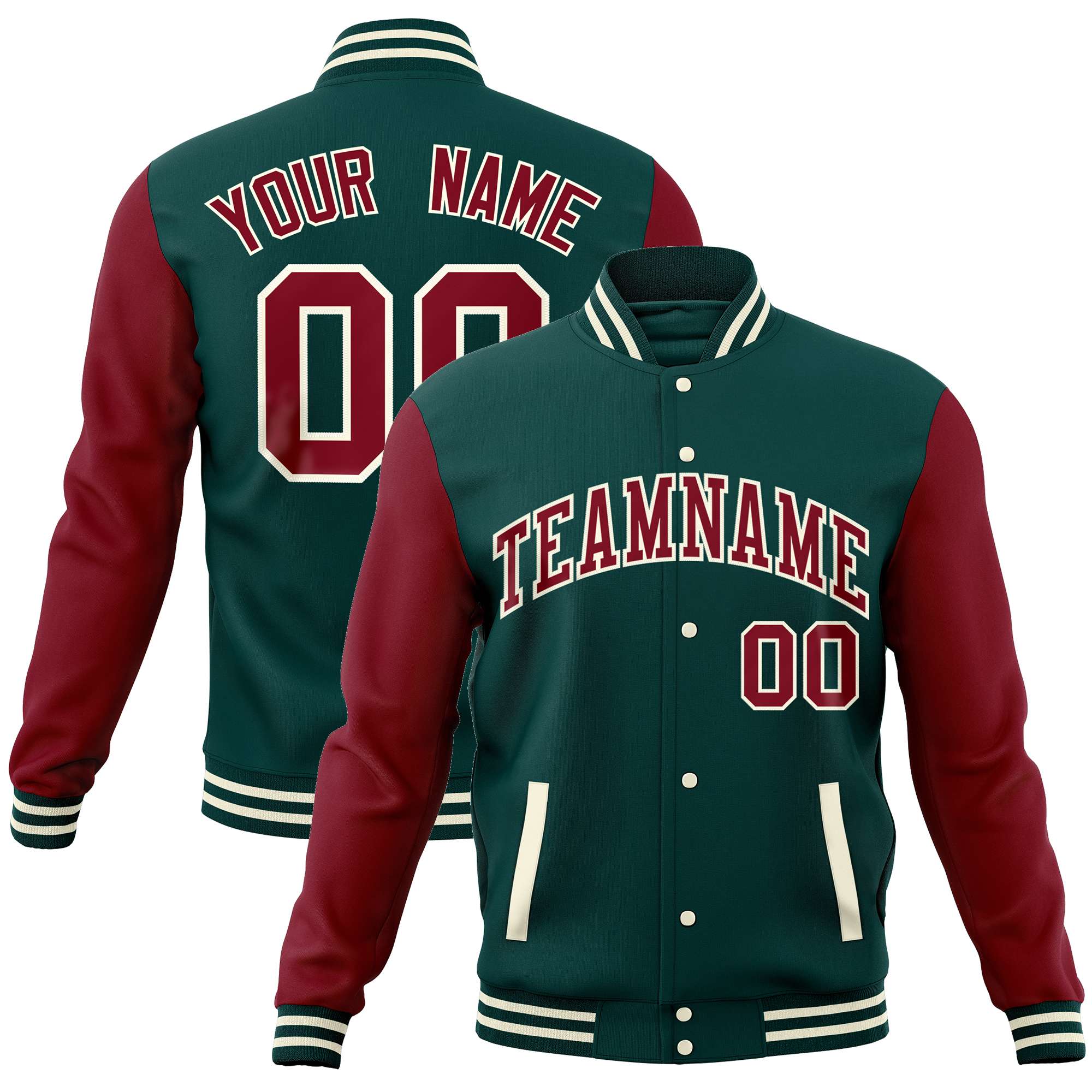 Custom Midnight Green Crimson Varsity Full-Snap Raglan Sleeves Letterman Baseball Jacket