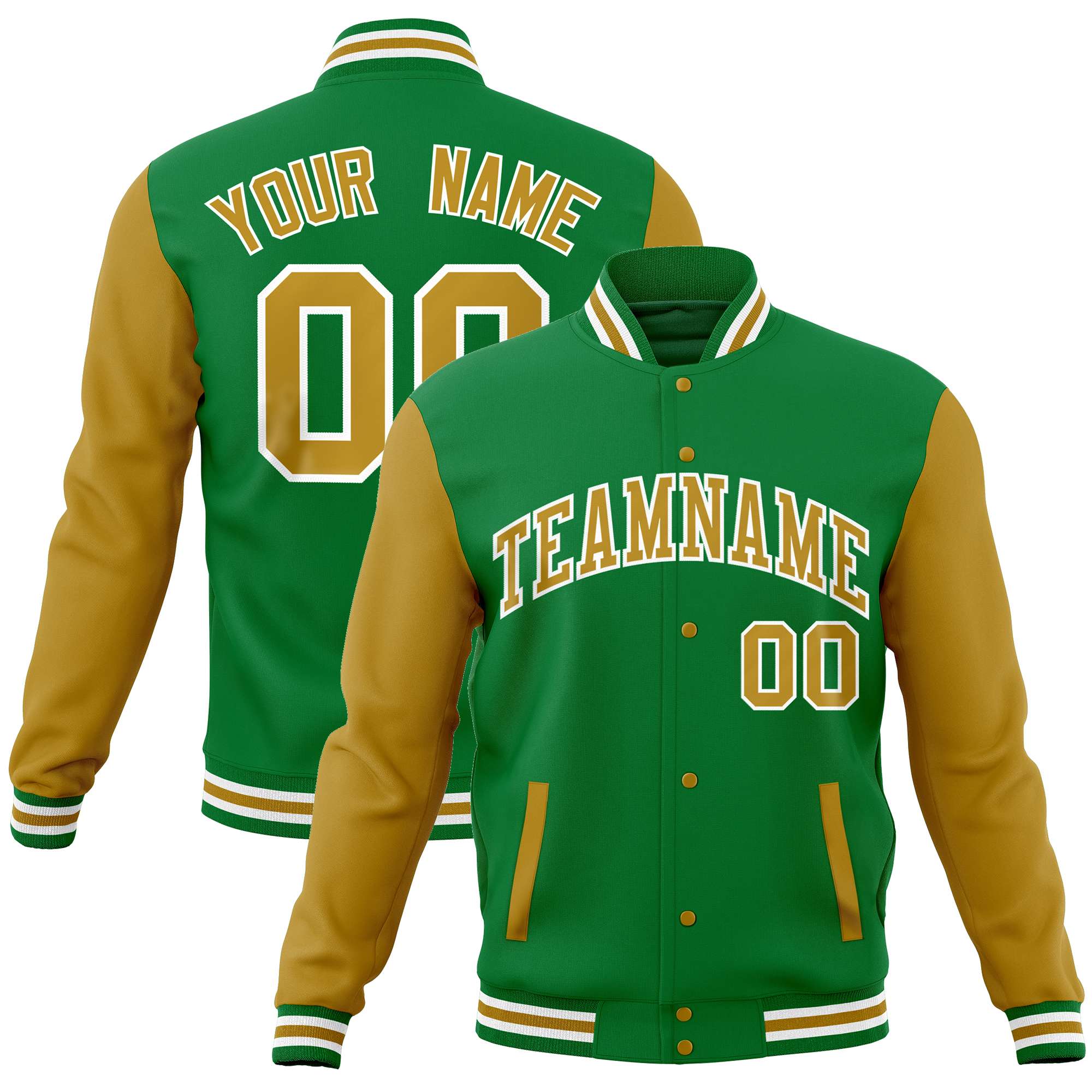 Custom Kelly Green Old Gold Varsity Full-Snap Raglan Sleeves Letterman Baseball Jacket