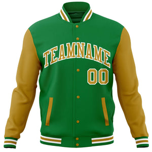 Custom Kelly Green Old Gold Varsity Full-Snap Raglan Sleeves Letterman Baseball Jacket