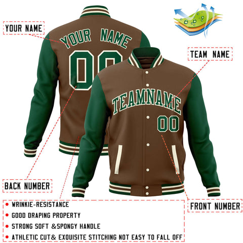 Custom Light Brown Green Varsity Full-Snap Raglan Sleeves Letterman Baseball Jacket