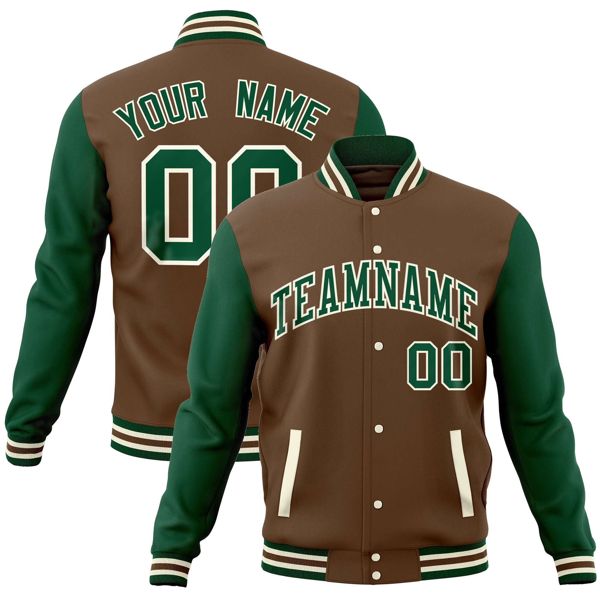 Custom Light Brown Green Varsity Full-Snap Raglan Sleeves Letterman Baseball Jacket