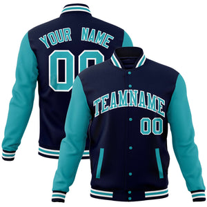 Custom Navy Aqua Varsity Full-Snap Raglan Sleeves Letterman Baseball Jacket