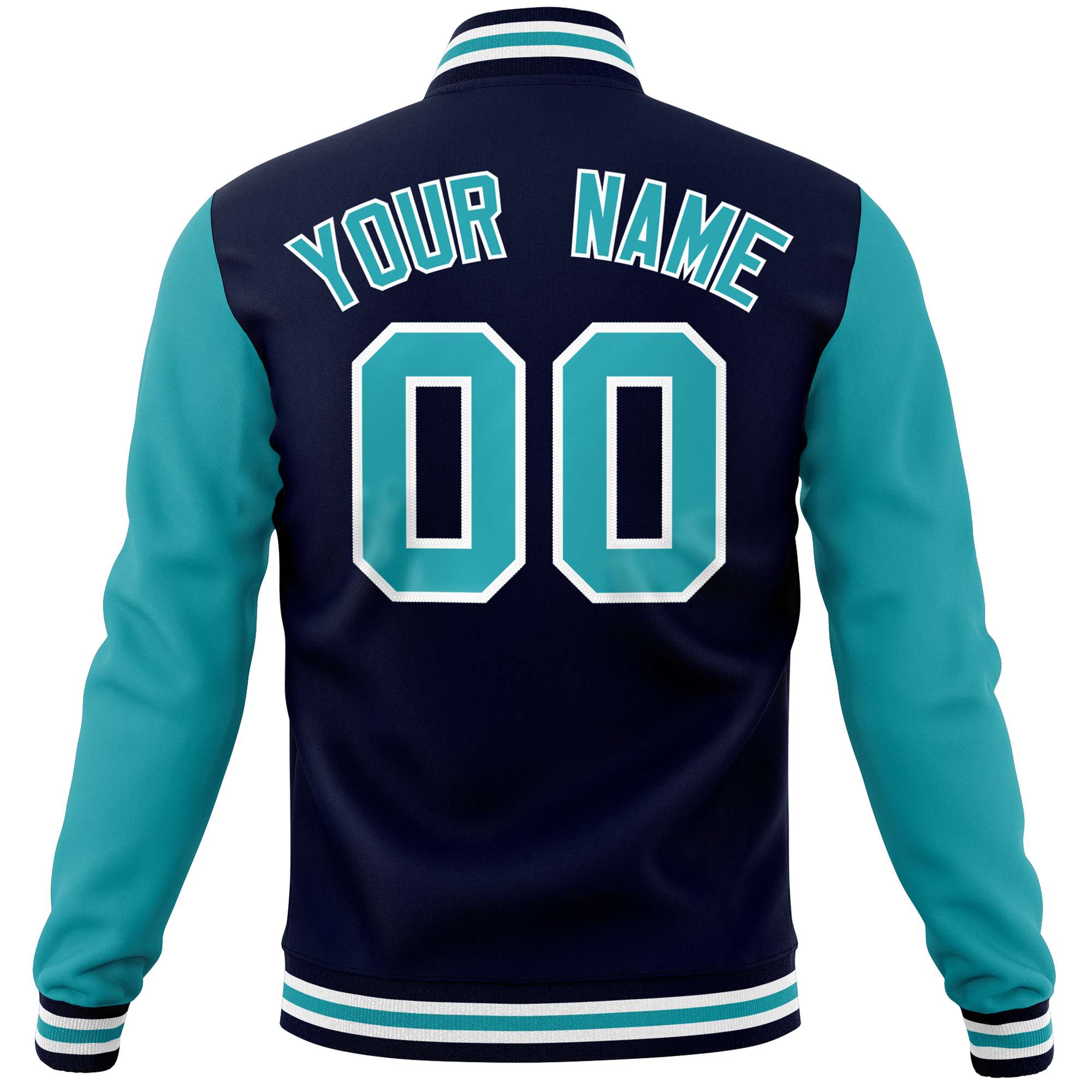 Custom Navy Aqua Varsity Full-Snap Raglan Sleeves Letterman Baseball Jacket