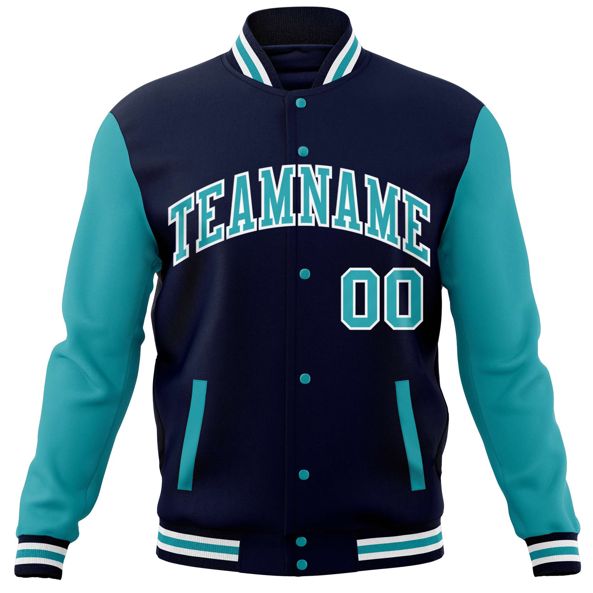 Custom Navy Aqua Varsity Full-Snap Raglan Sleeves Letterman Baseball Jacket