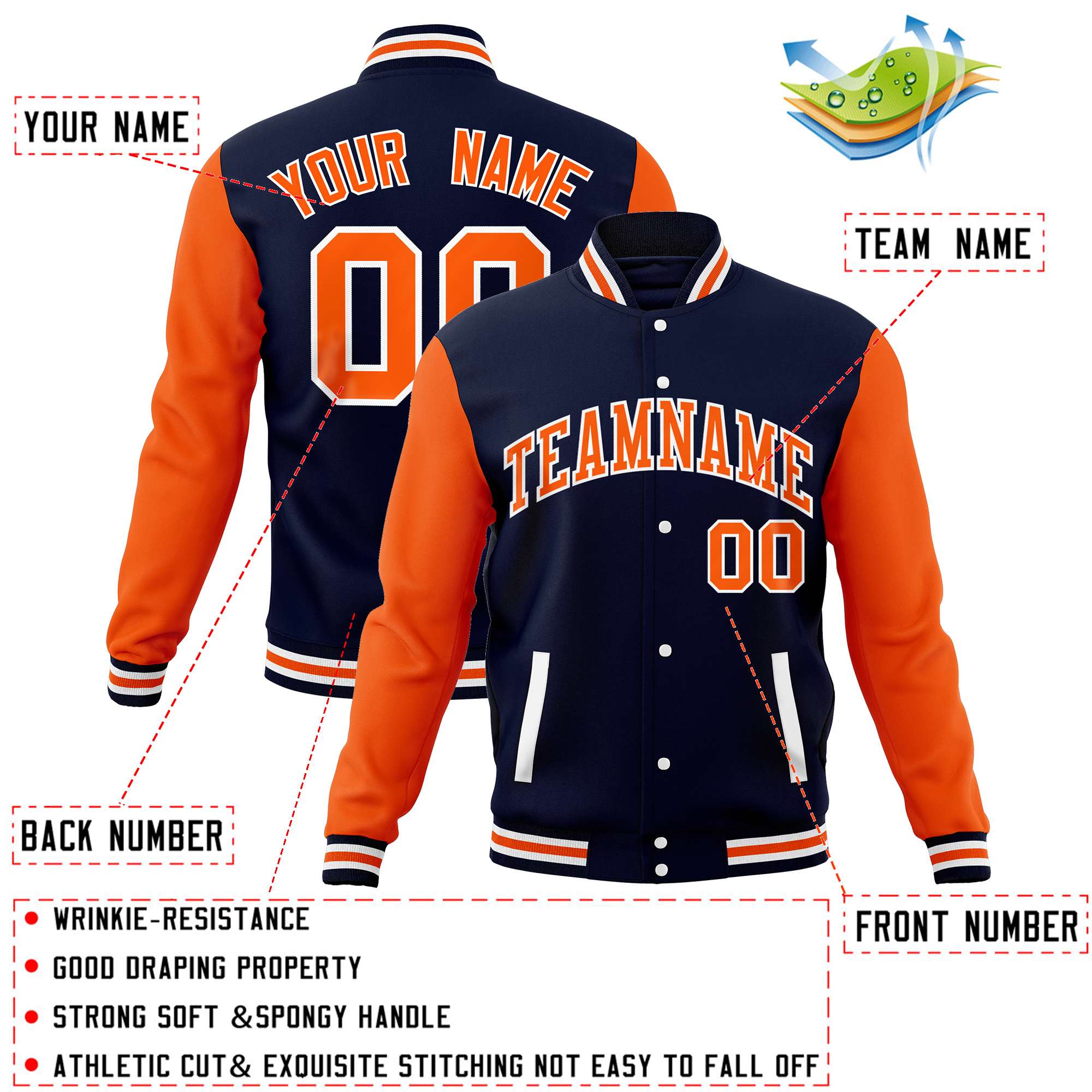 Custom Navy Orange Varsity Full-Snap Raglan Sleeves Letterman Baseball Jacket