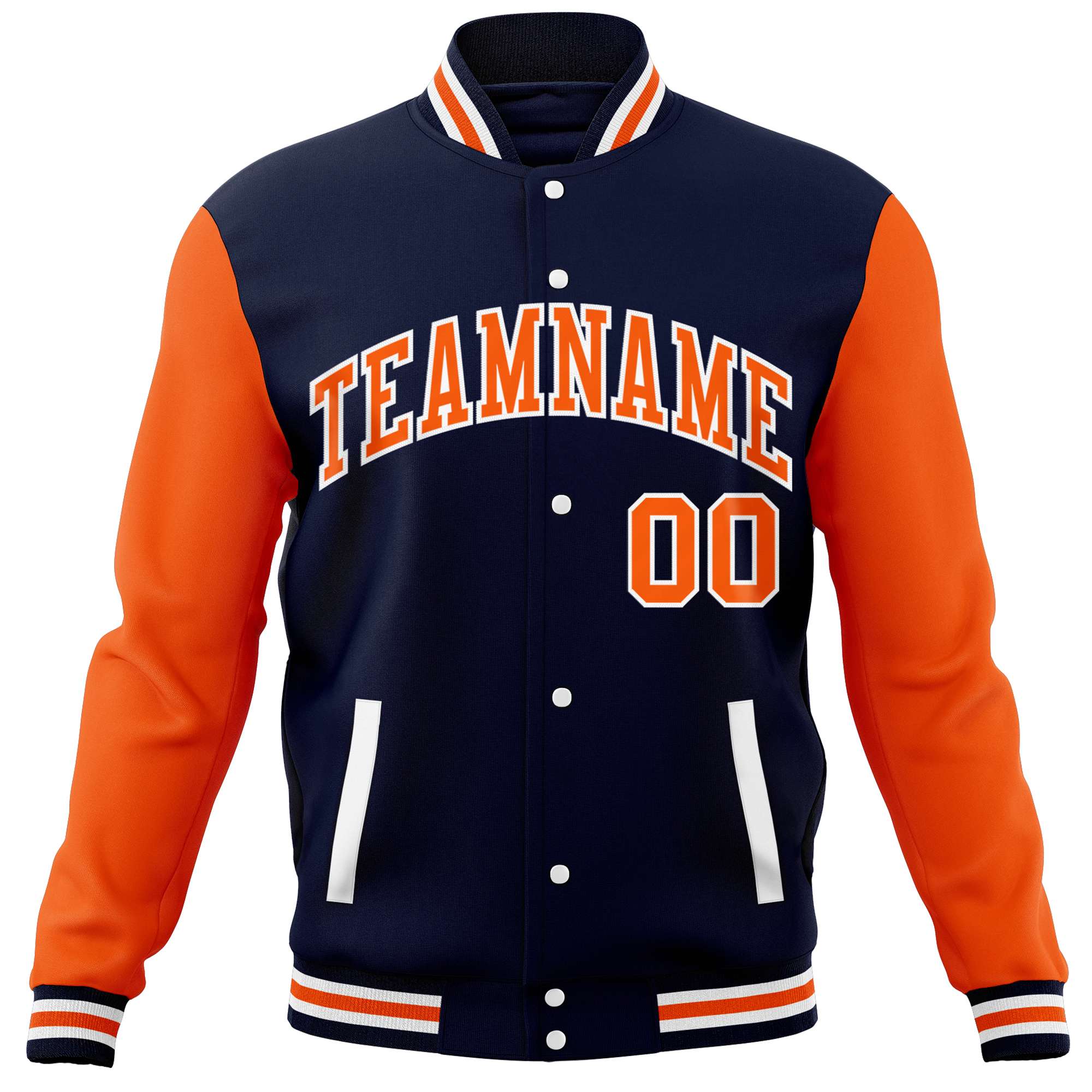 Custom Navy Orange Varsity Full-Snap Raglan Sleeves Letterman Baseball Jacket