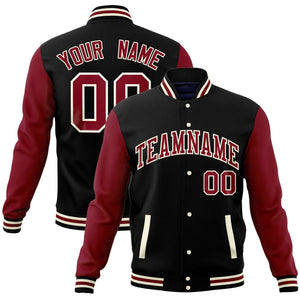 Custom Black Crimson Varsity Full-Snap Raglan Sleeves Letterman Baseball Jacket