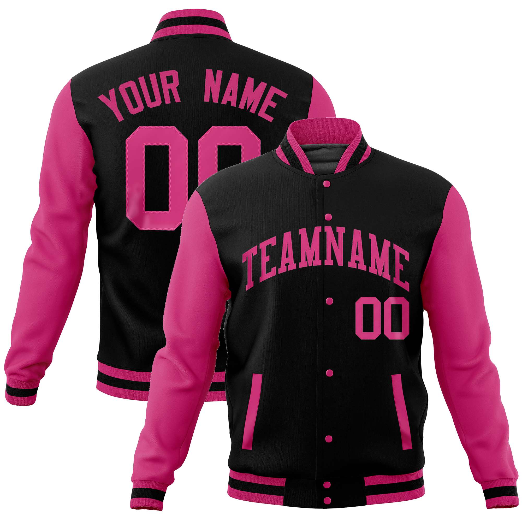 Custom Black Pink Varsity Full-Snap Raglan Sleeves Letterman Baseball Jacket