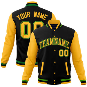 Custom Black Gold Varsity Full-Snap Raglan Sleeves Letterman Baseball Jacket