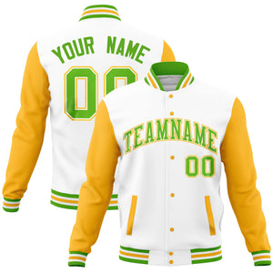 Custom White Gold Varsity Full-Snap Raglan Sleeves Letterman Baseball Jacket