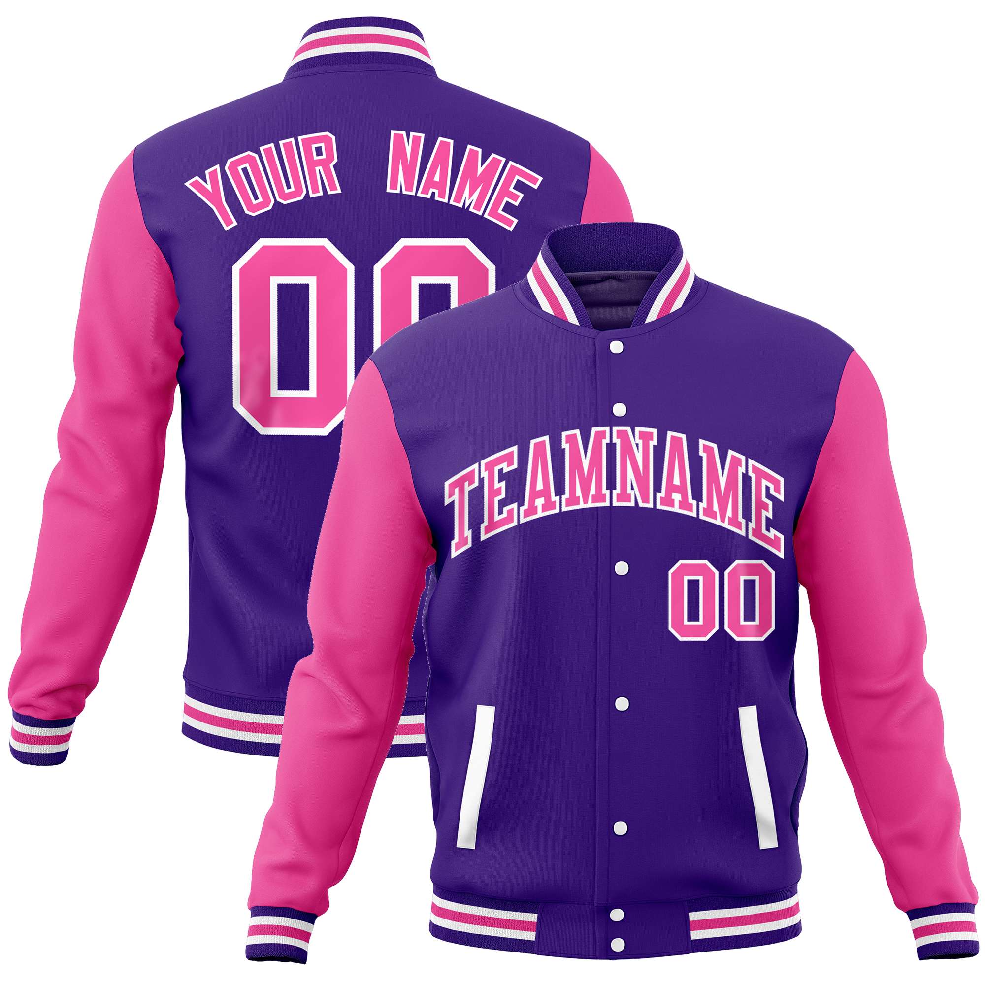 Custom Purple Pink Varsity Full-Snap Raglan Sleeves Letterman Baseball Jacket