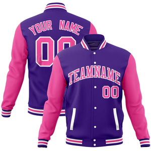 Custom Purple Pink Varsity Full-Snap Raglan Sleeves Letterman Baseball Jacket