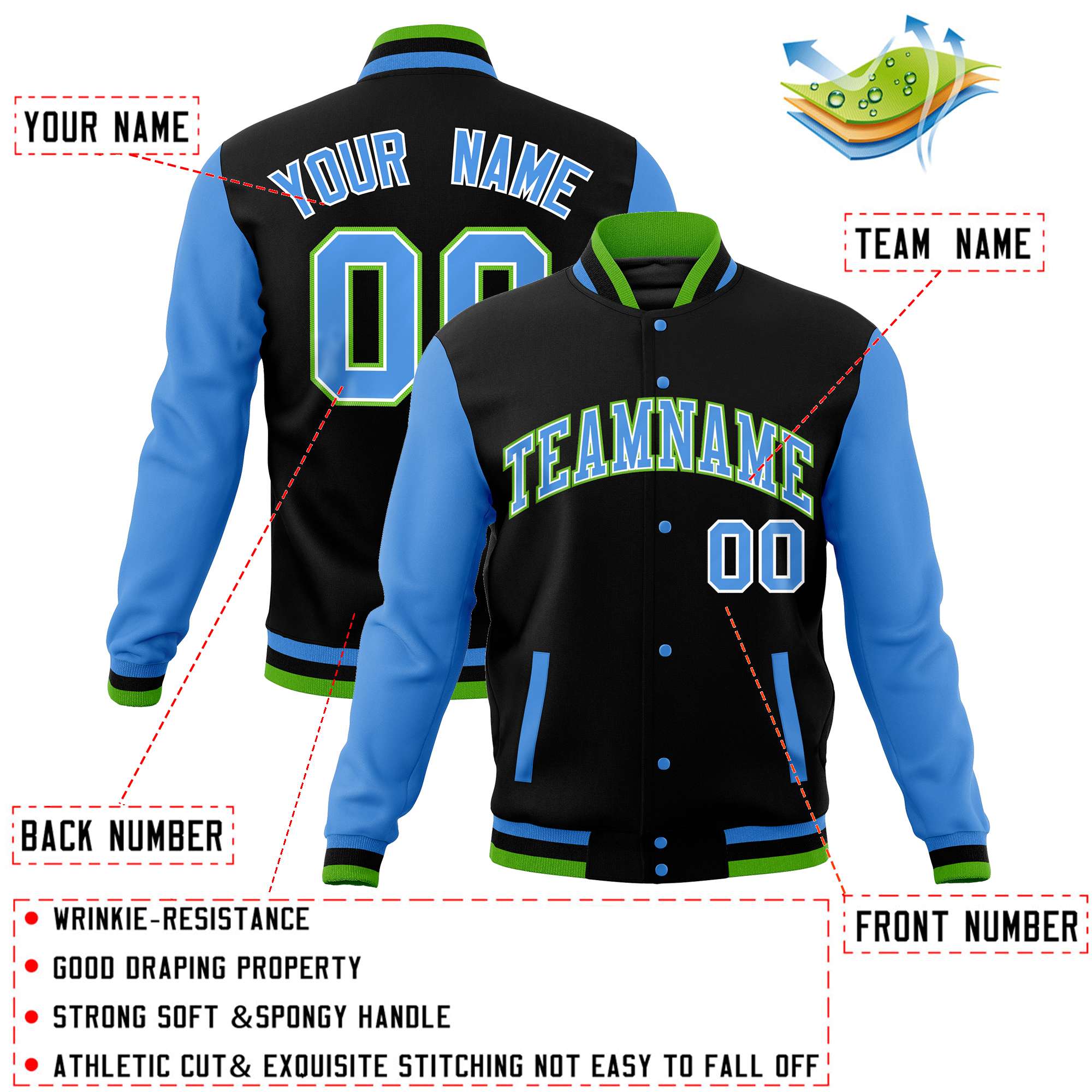 Custom Black Powder Blue Varsity Full-Snap Raglan Sleeves Letterman Baseball Jacket