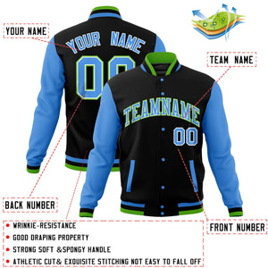 Custom Black Powder Blue Varsity Full-Snap Raglan Sleeves Letterman Baseball Jacket