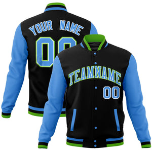 Custom Black Powder Blue Varsity Full-Snap Raglan Sleeves Letterman Baseball Jacket