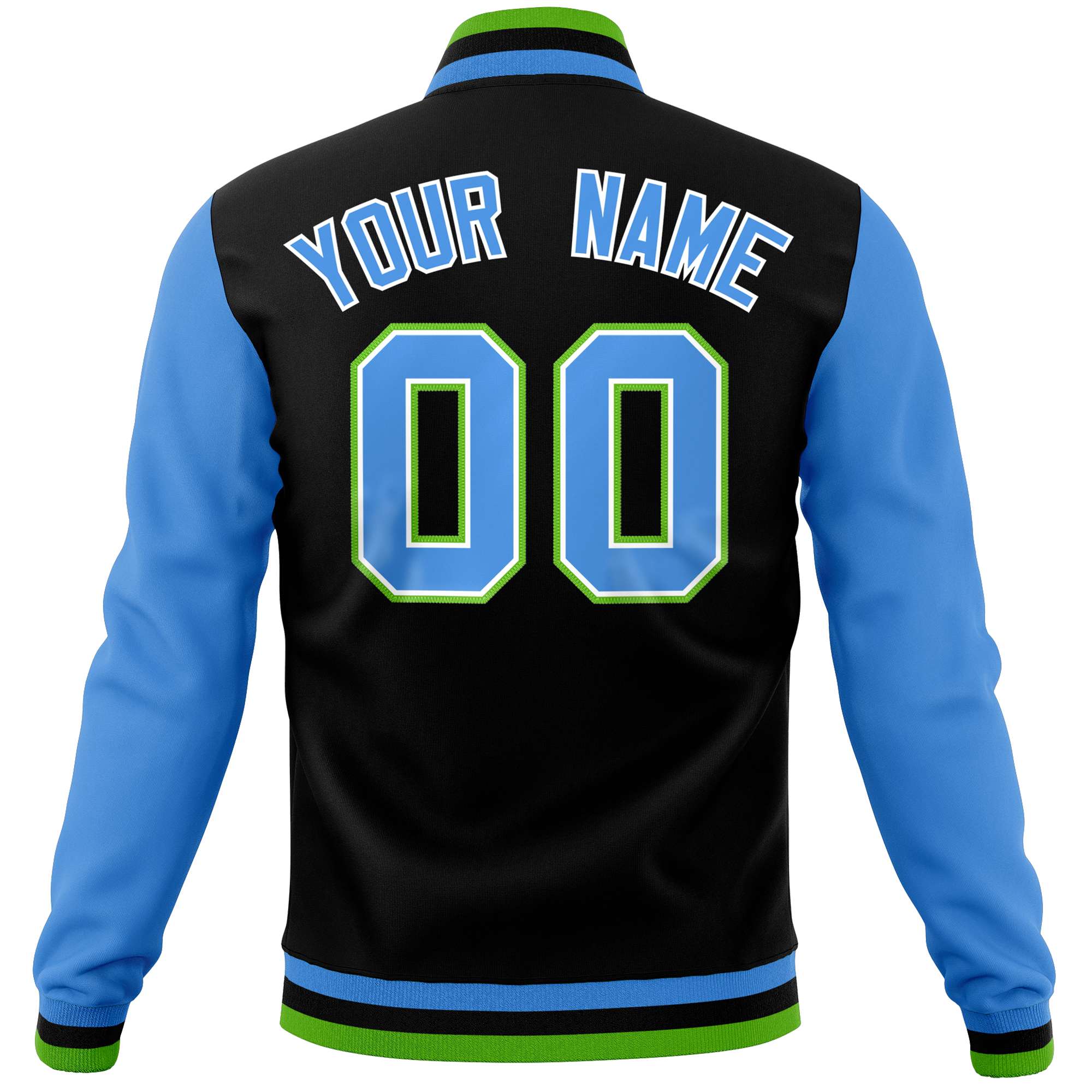 Custom Black Powder Blue Varsity Full-Snap Raglan Sleeves Letterman Baseball Jacket