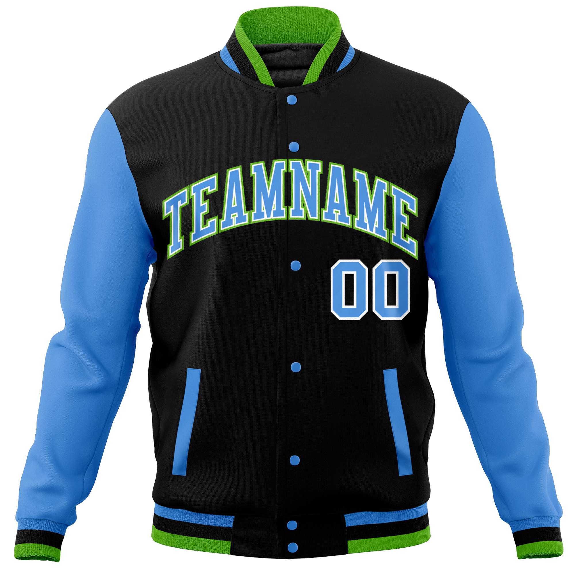 Custom Black Powder Blue Varsity Full-Snap Raglan Sleeves Letterman Baseball Jacket