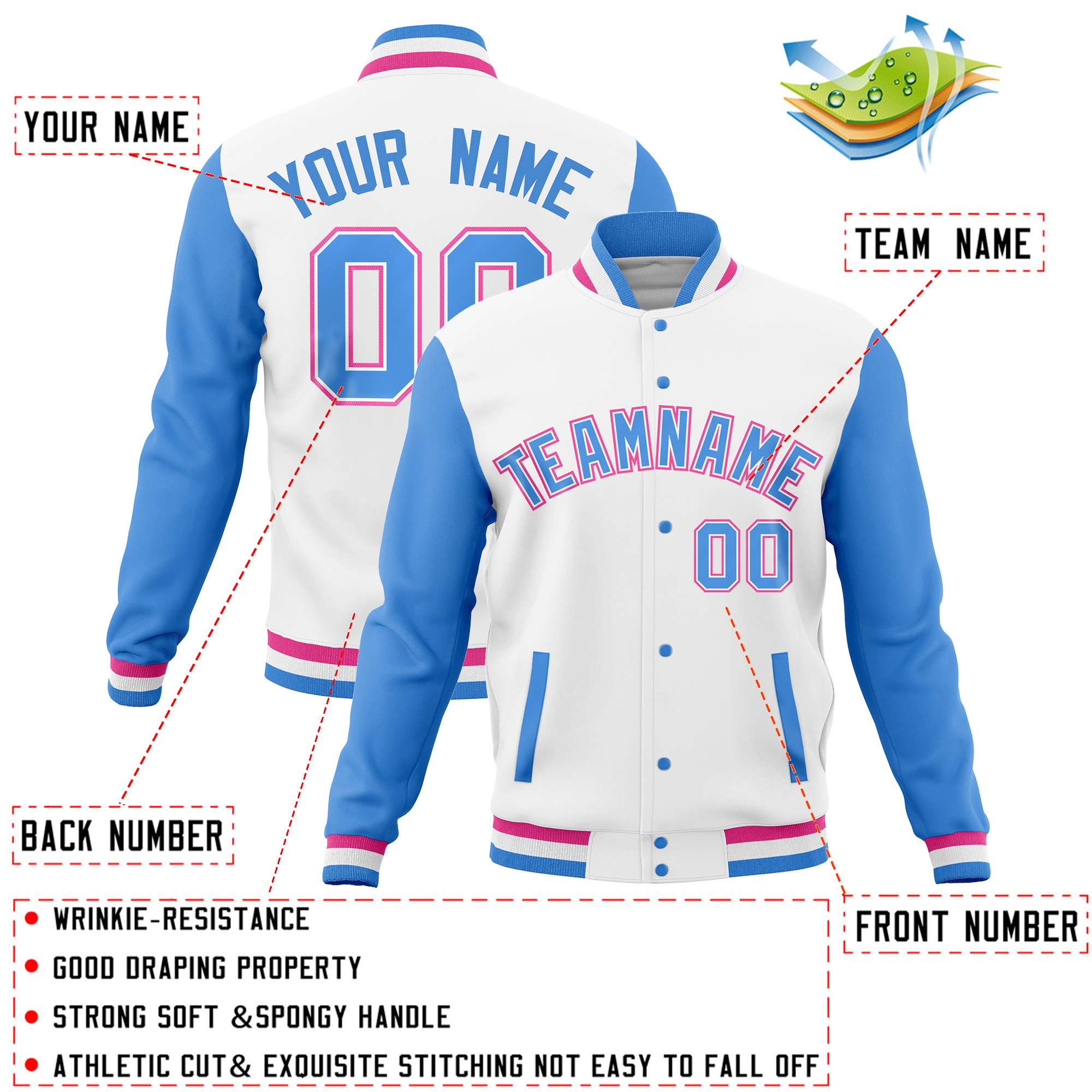 Custom White Powder Blue Varsity Full-Snap Raglan Sleeves Letterman Baseball Jacket