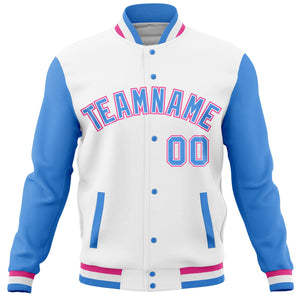 Custom White Powder Blue Varsity Full-Snap Raglan Sleeves Letterman Baseball Jacket