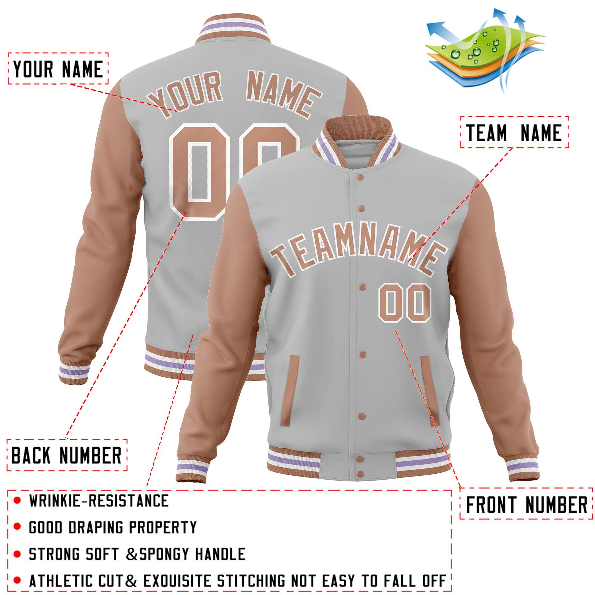 Custom Gray Brown Varsity Full-Snap Raglan Sleeves Letterman Baseball Jacket