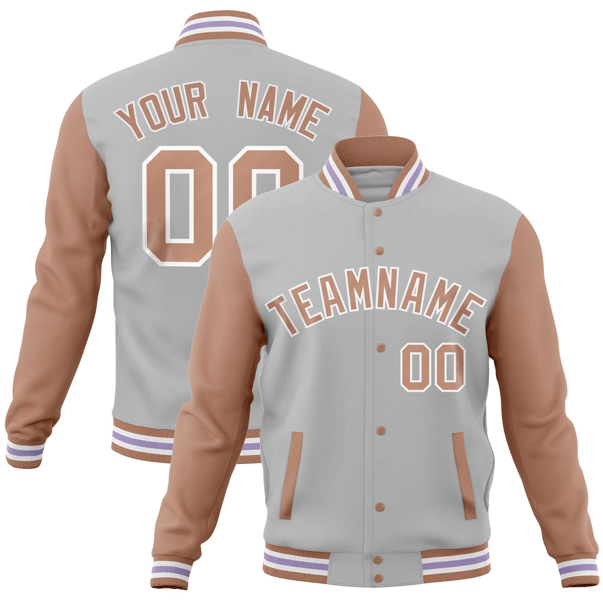 Custom Gray Brown Varsity Full-Snap Raglan Sleeves Letterman Baseball Jacket