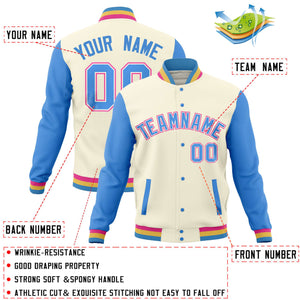 Custom Cream Powder Blue Varsity Full-Snap Raglan Sleeves Letterman Baseball Jacket