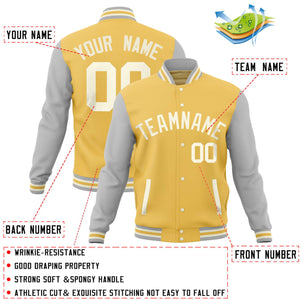 Custom Yellow Light Gray Varsity Full-Snap Raglan Sleeves Letterman Baseball Jacket