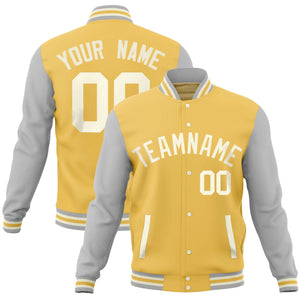 Custom Yellow Light Gray Varsity Full-Snap Raglan Sleeves Letterman Baseball Jacket