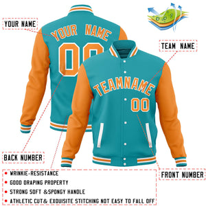 Custom Aqua Orange Varsity Full-Snap Raglan Sleeves Letterman Baseball Jacket