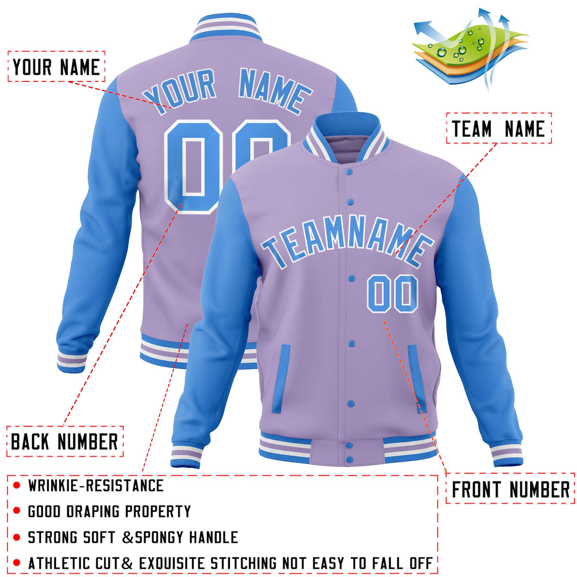 Custom Light Purple Powder Blue Varsity Full-Snap Raglan Sleeves Letterman Baseball Jacket