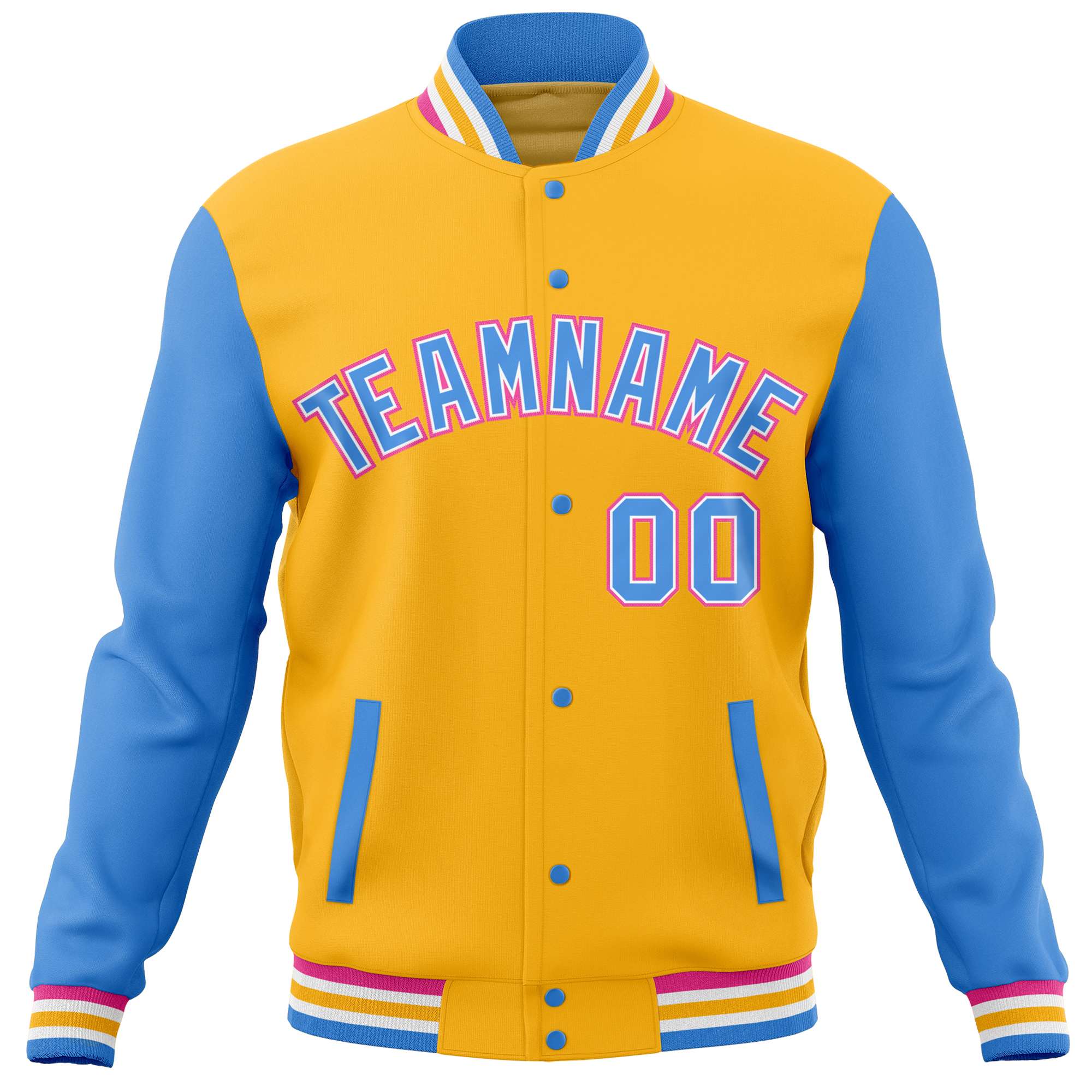 Custom Gold Powder Blue Varsity Full-Snap Raglan Sleeves Letterman Baseball Jacket