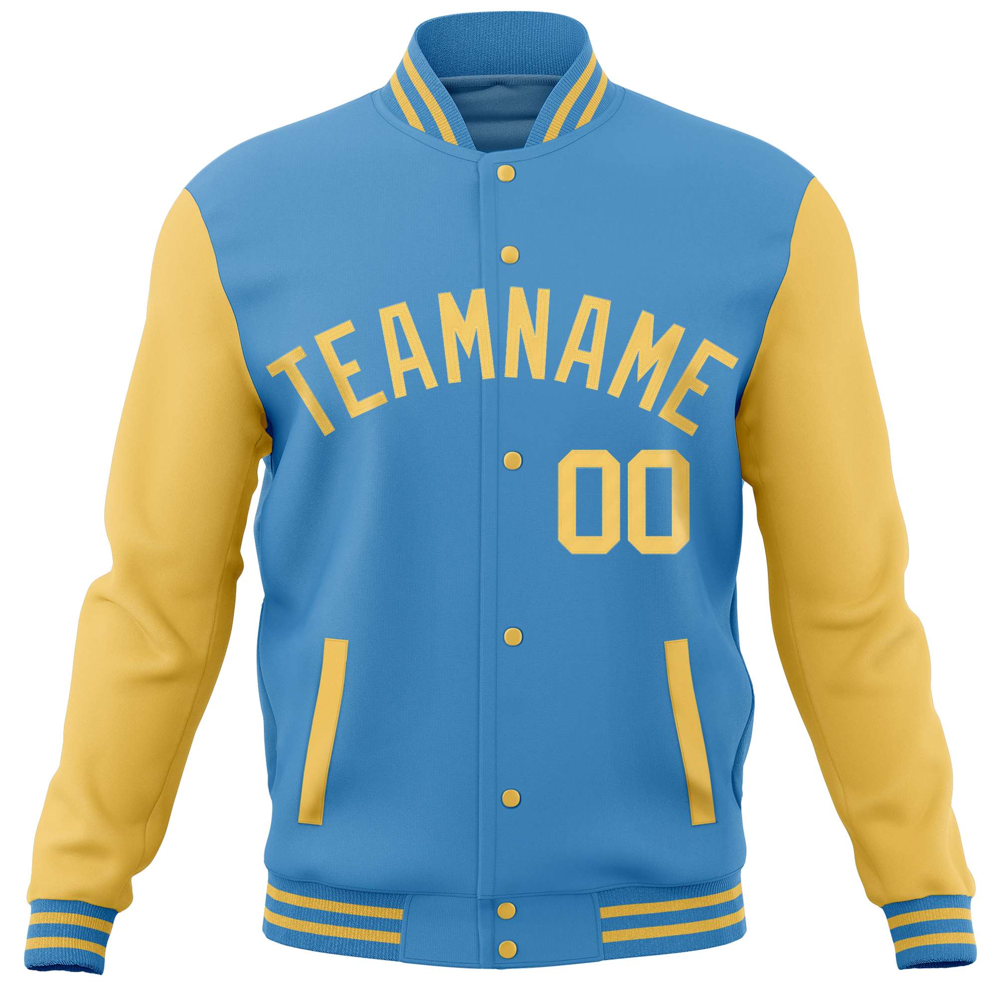 Custom Powder Blue Yellow Varsity Full-Snap Raglan Sleeves Letterman Baseball Jacket