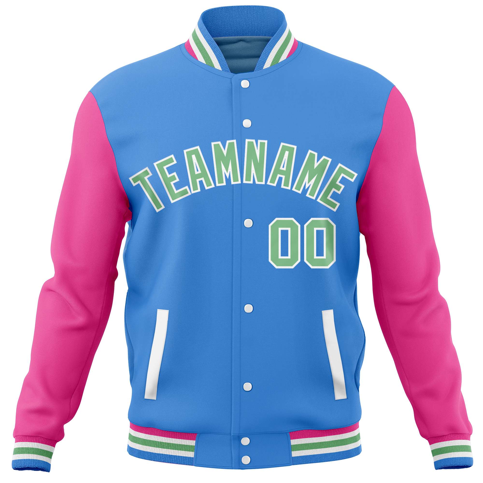 Custom Powder Blue Pink Varsity Full-Snap Raglan Sleeves Letterman Baseball Jacket