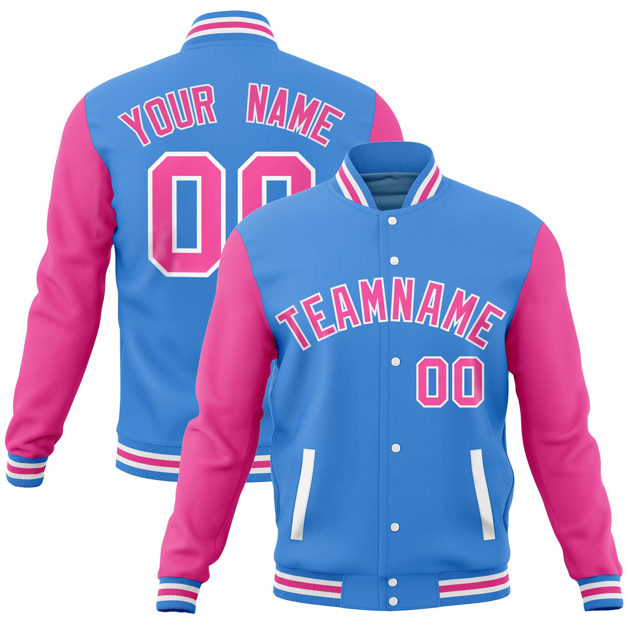 Custom Powder Blue Pink Varsity Full-Snap Raglan Sleeves Letterman Baseball Jacket