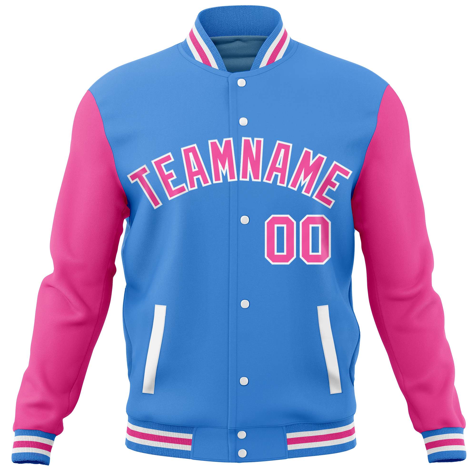 Custom Powder Blue Pink Varsity Full-Snap Raglan Sleeves Letterman Baseball Jacket