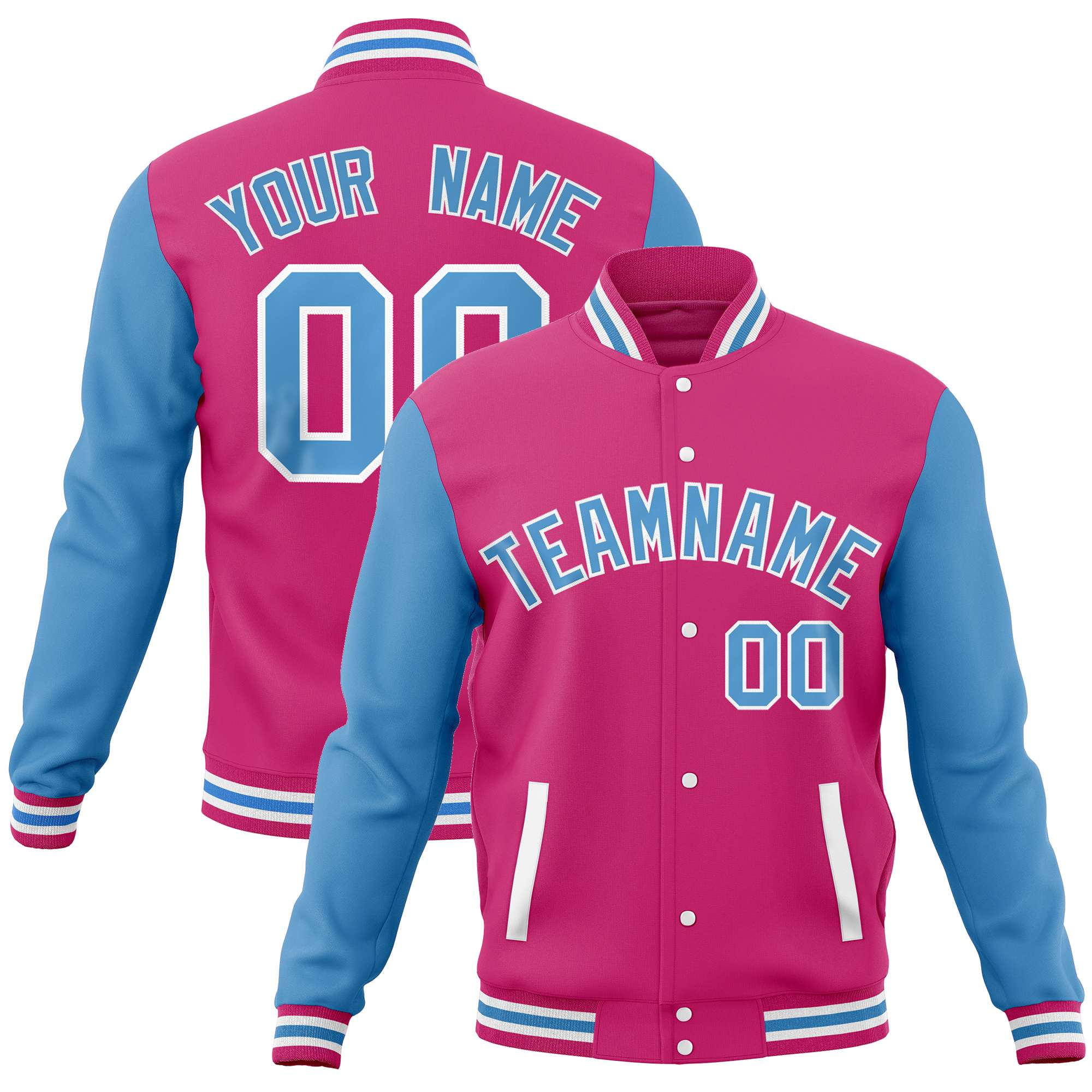 Custom Pink Powder Blue Varsity Full-Snap Raglan Sleeves Letterman Baseball Jacket