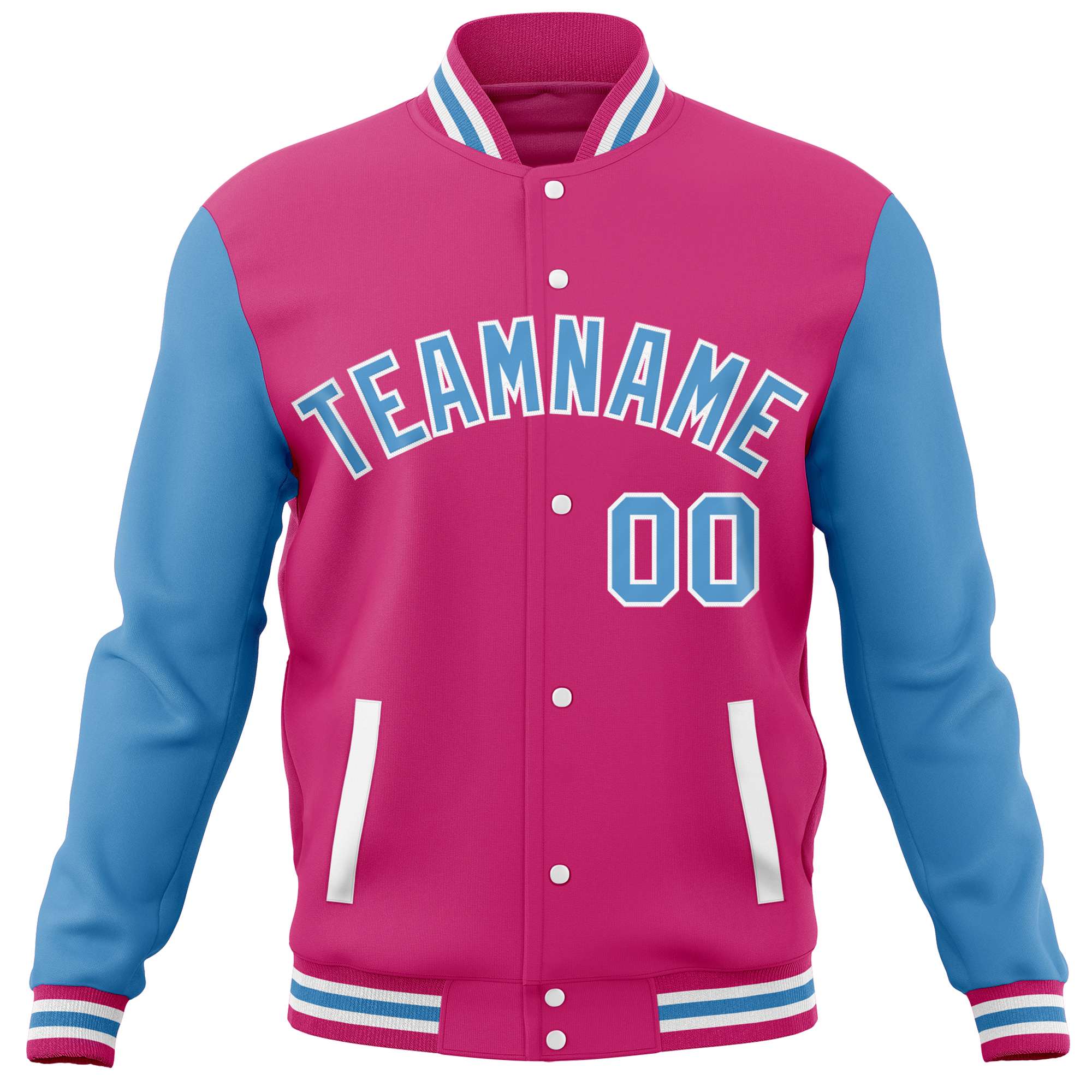 Custom Pink Powder Blue Varsity Full-Snap Raglan Sleeves Letterman Baseball Jacket