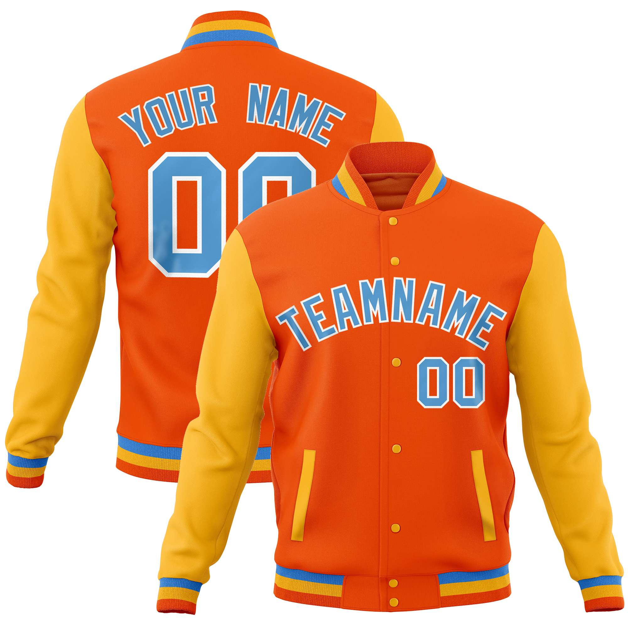 Custom Orange Gold Varsity Full-Snap Raglan Sleeves Letterman Baseball Jacket