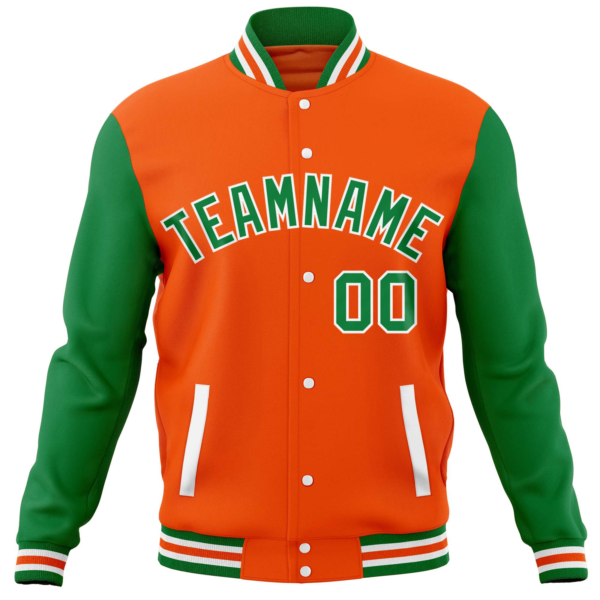 Custom Orange Kelly Green Varsity Full-Snap Raglan Sleeves Letterman Baseball Jacket