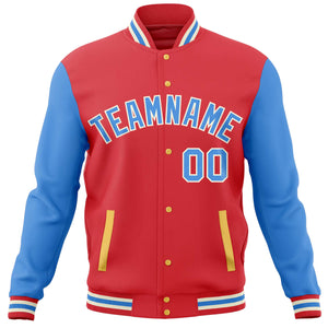 Custom Light Red Powder Blue Varsity Full-Snap Raglan Sleeves Letterman Baseball Jacket