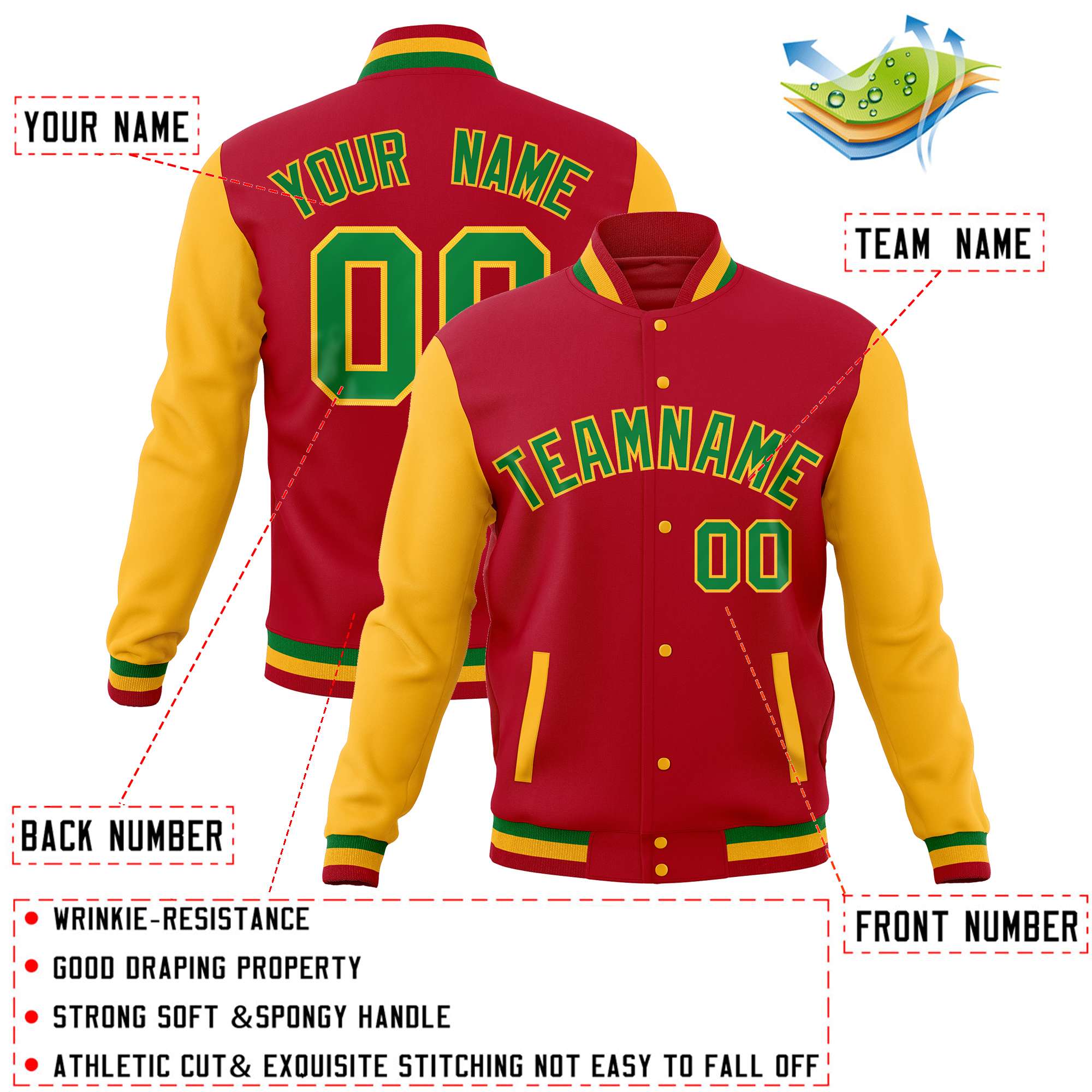 Custom Red Gold Varsity Full-Snap Raglan Sleeves Letterman Baseball Jacket