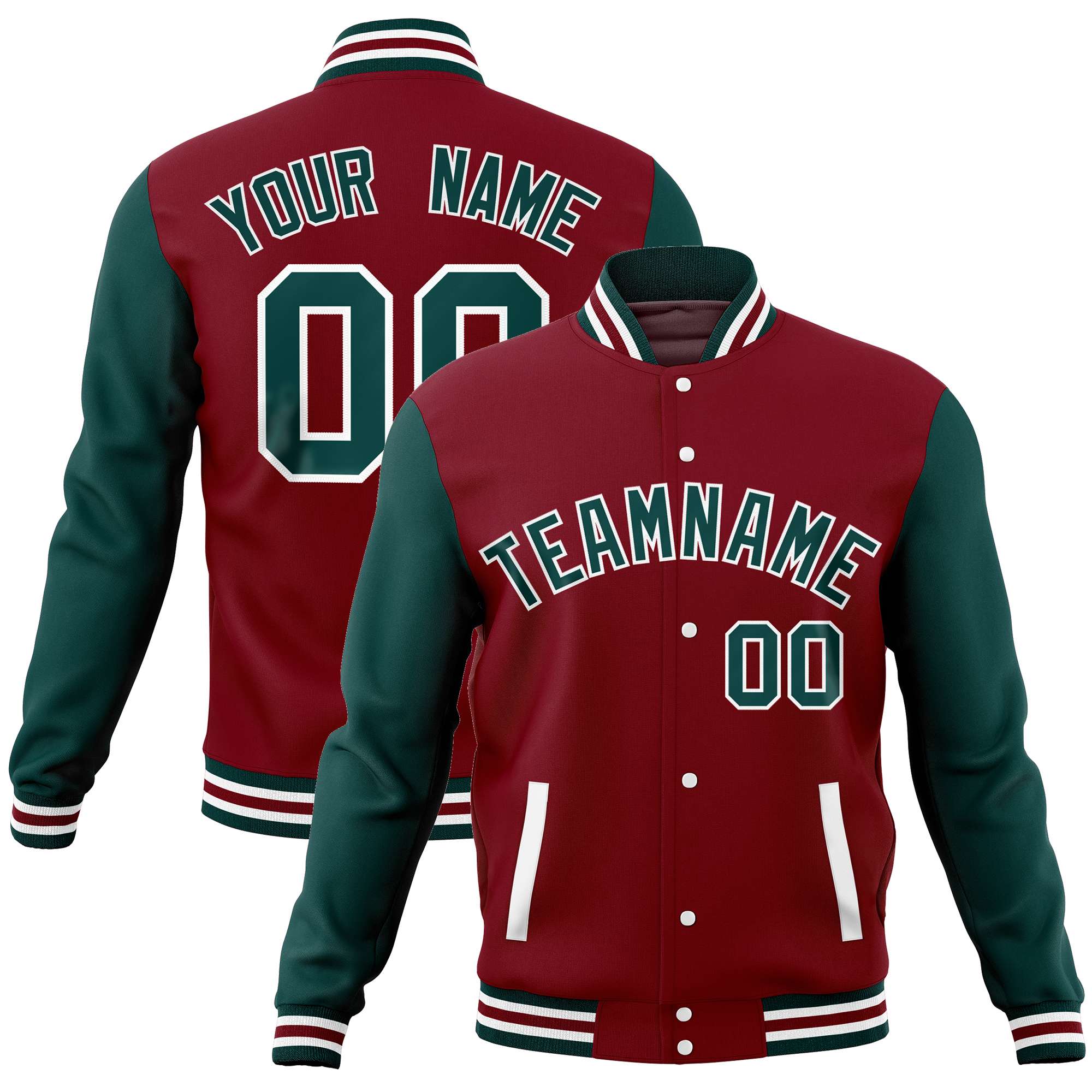 Custom Crimson Midnight Green Varsity Full-Snap Raglan Sleeves Letterman Baseball Jacket