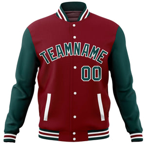 Custom Crimson Midnight Green Varsity Full-Snap Raglan Sleeves Letterman Baseball Jacket