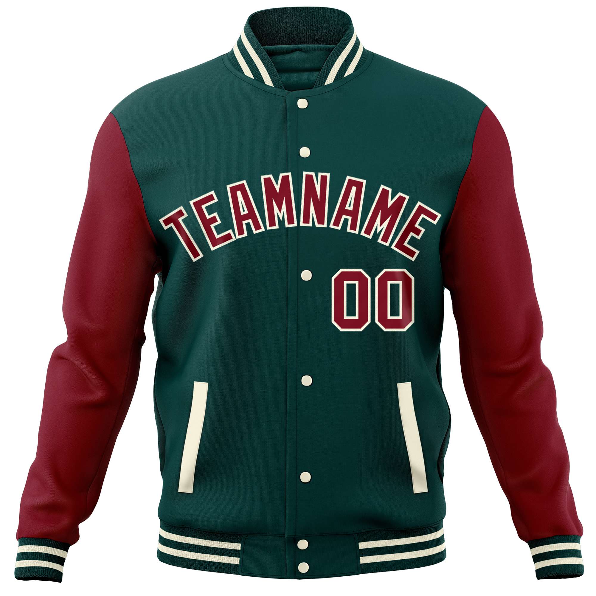 Custom Midnight Green Crimson Varsity Full-Snap Raglan Sleeves Letterman Baseball Jacket