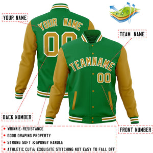 Custom Kelly Green Old Gold Varsity Full-Snap Raglan Sleeves Letterman Baseball Jacket