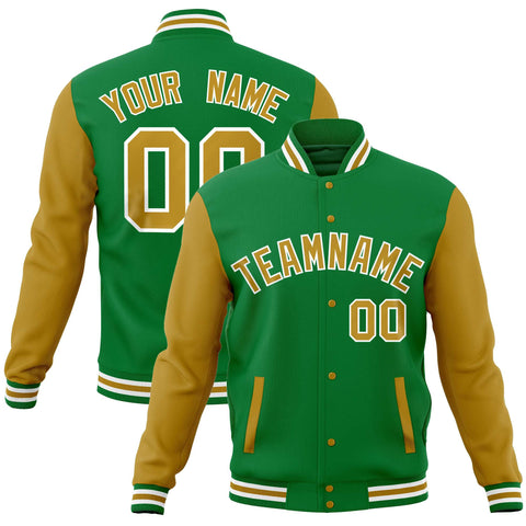 Custom Kelly Green Old Gold Varsity Full-Snap Raglan Sleeves Letterman Baseball Jacket