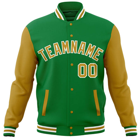 Custom Kelly Green Old Gold Varsity Full-Snap Raglan Sleeves Letterman Baseball Jacket