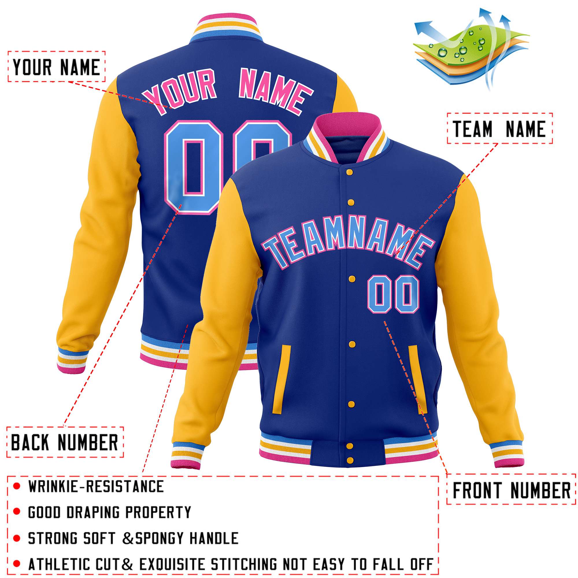 Custom Royal Gold Varsity Full-Snap Raglan Sleeves Letterman Baseball Jacket