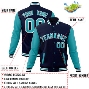 Custom Navy Aqua Varsity Full-Snap Raglan Sleeves Letterman Baseball Jacket